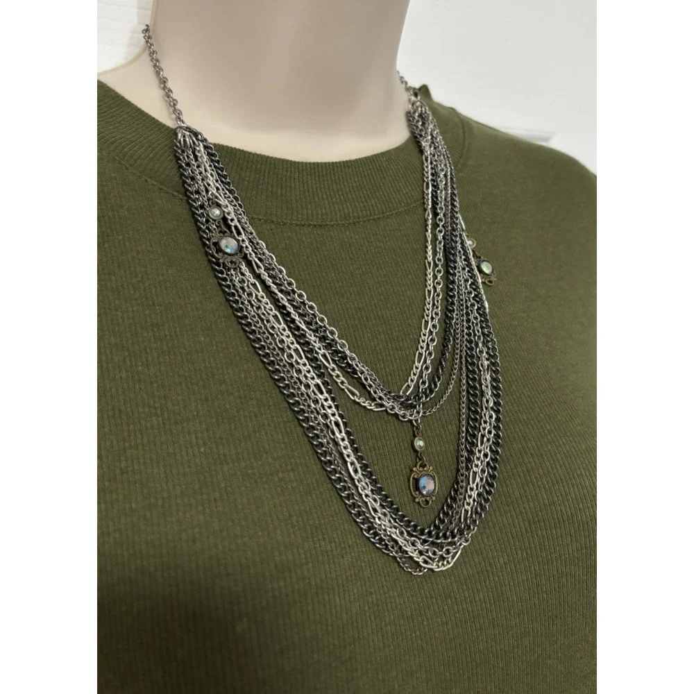 Multi Layered Silver Tone Chain Necklace Rhinestone Whimsigoth Fairy Goth Witchy
